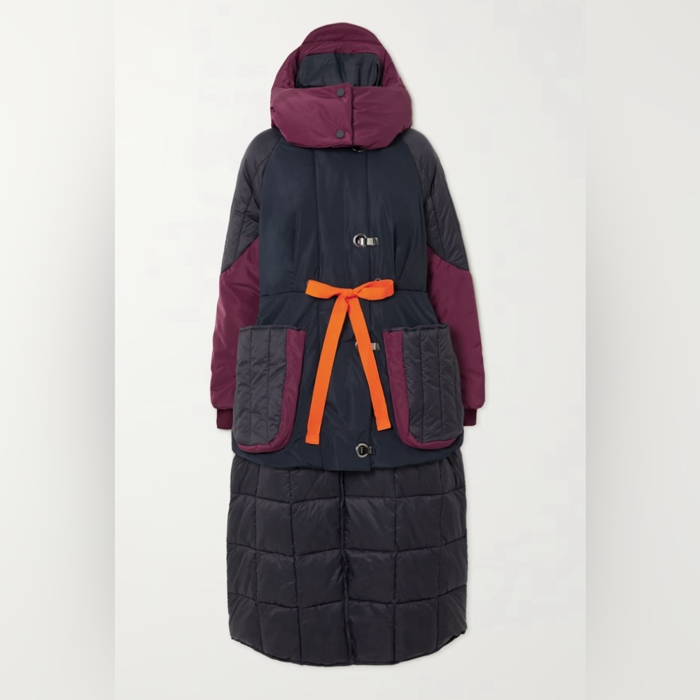 Barbour Long Quilted Puffer Coat in Navy and Burgundy with Orange Belt